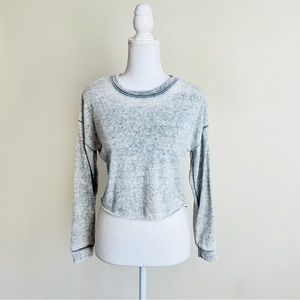 Forever 21 Grey Blue & White Burnout Cuffed Long Sleeve Crop Top Blouse